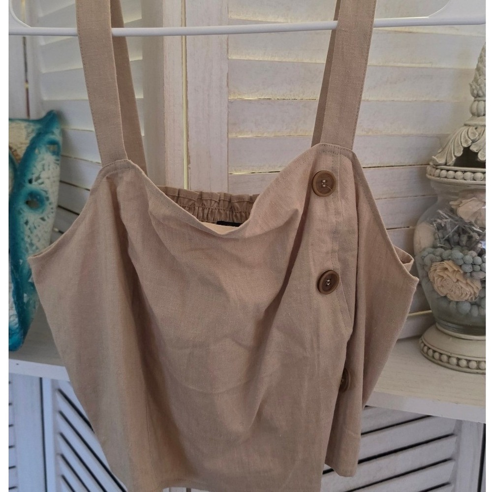 Newβ York & Company Beige Linen Blend Button Side Cami Top Size L NWT Boho Tan